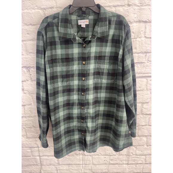 Carhartt Women's Green Black Button Down Flannel Rustic Gorpcore Shirt Size 3X - Picture 4 of 9